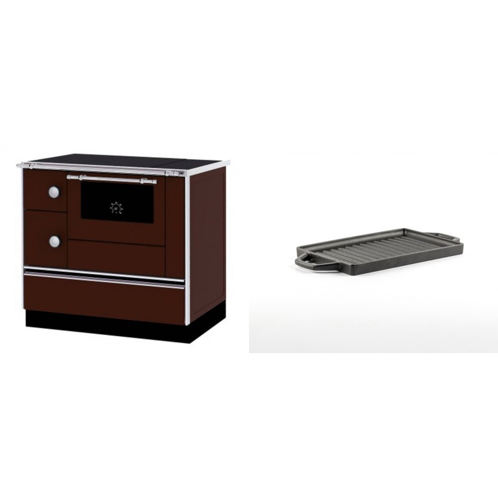 Set Küchenofen / Küchenhexe mit Backofen und Kochplatte Alfa Plam, Modell Alfa 90 H Favorit Braun Rechts, Leistung 6.4kW + Mini-Grillplatte aus Gusseisen Solagio, 15.5x22.5cm | Kaminofen - Holzofen mit Backfach | Kaminofen |