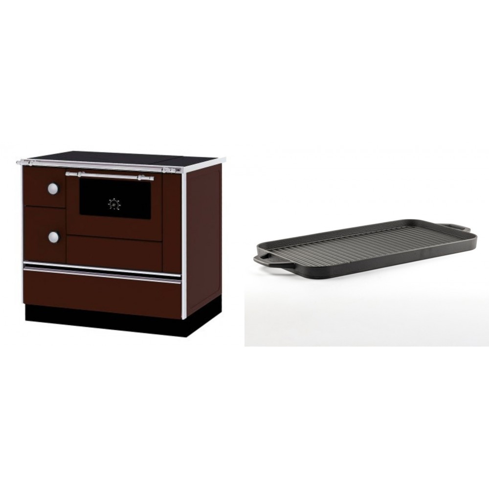 Set Küchenofen / Küchenhexe mit Backofen und Kochplatte Alfa Plam, Modell Alfa 90 H Favorit Braun Rechts, Leistung 6.4kW + Große Grillplatte aus Gusseisen Solagio, 25x44cm