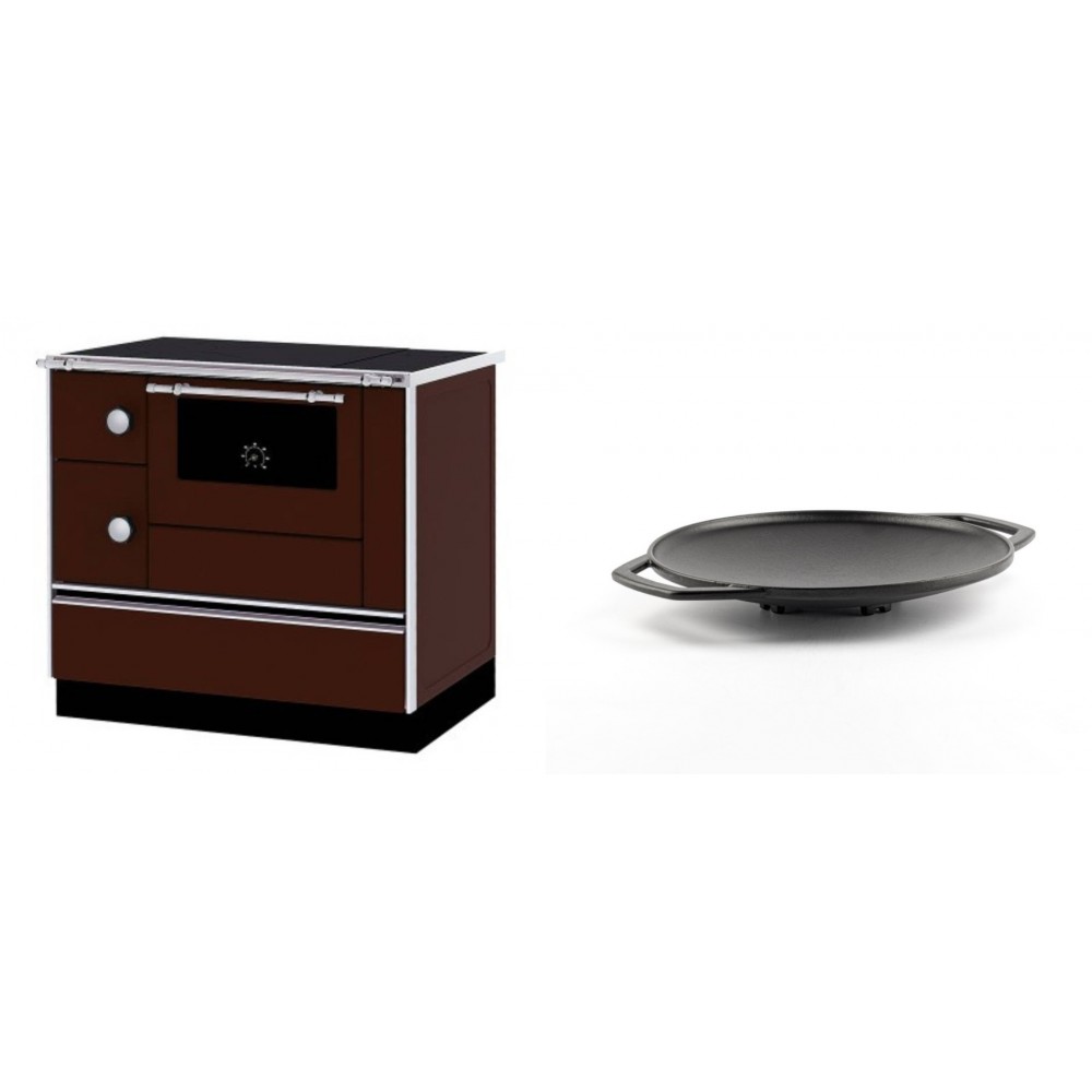 Set Küchenofen / Küchenhexe mit Backofen und Kochplatte Alfa Plam, Modell Alfa 90 H Favorit Braun Rechts, Leistung 6.4kW + Backplatte aus Gusseisen Solagio, Ф28cm