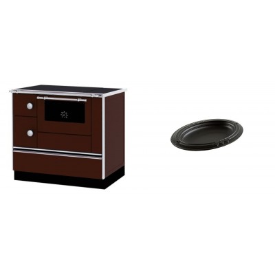 Set Küchenofen / Küchenhexe mit Backofen und Kochplatte Alfa Plam, Modell Alfa 90 H Favorit Braun Rechts, Leistung 6.4kW + Gusseiserne auflaufform Solagio oval, 17x28cm - Kaminofen - Holzofen mit Backfach