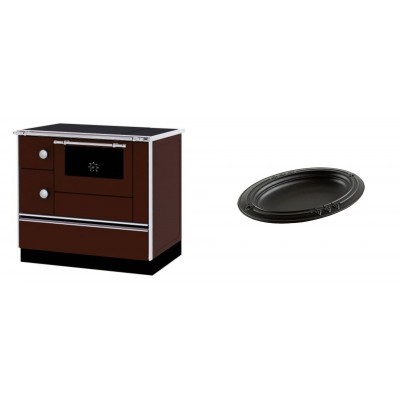 Set Küchenofen / Küchenhexe mit Backofen und Kochplatte Alfa Plam, Modell Alfa 90 H Favorit Braun Rechts, Leistung 6.4kW + Gusseiserne auflaufform Solagio oval, 25x33cm - Kaminofen - Holzofen mit Backfach