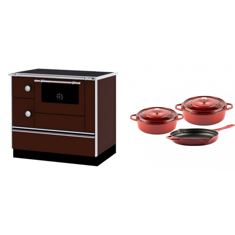 Set Küchenofen / Küchenhexe mit Backofen und Kochplatte Alfa Plam, Modell Alfa 90 H Favorit Braun Rechts, Leistung 6.4kW + Gusseisen Topf Set aus 3 teilen Solagio, Rubin | Kaminofen - Holzofen mit Backfach | Kaminofen |