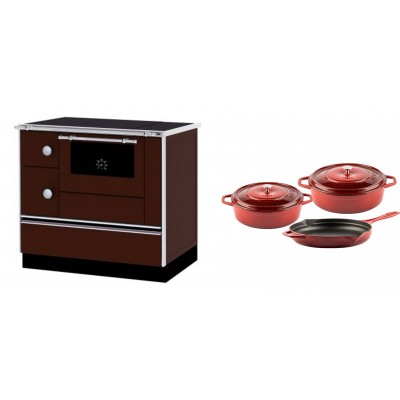 Set Küchenofen / Küchenhexe mit Backofen und Kochplatte Alfa Plam, Modell Alfa 90 H Favorit Braun Rechts, Leistung 6.4kW + Gusseisen Topf Set aus 3 teilen Solagio, Rubin - Kaminofen - Holzofen mit Backfach