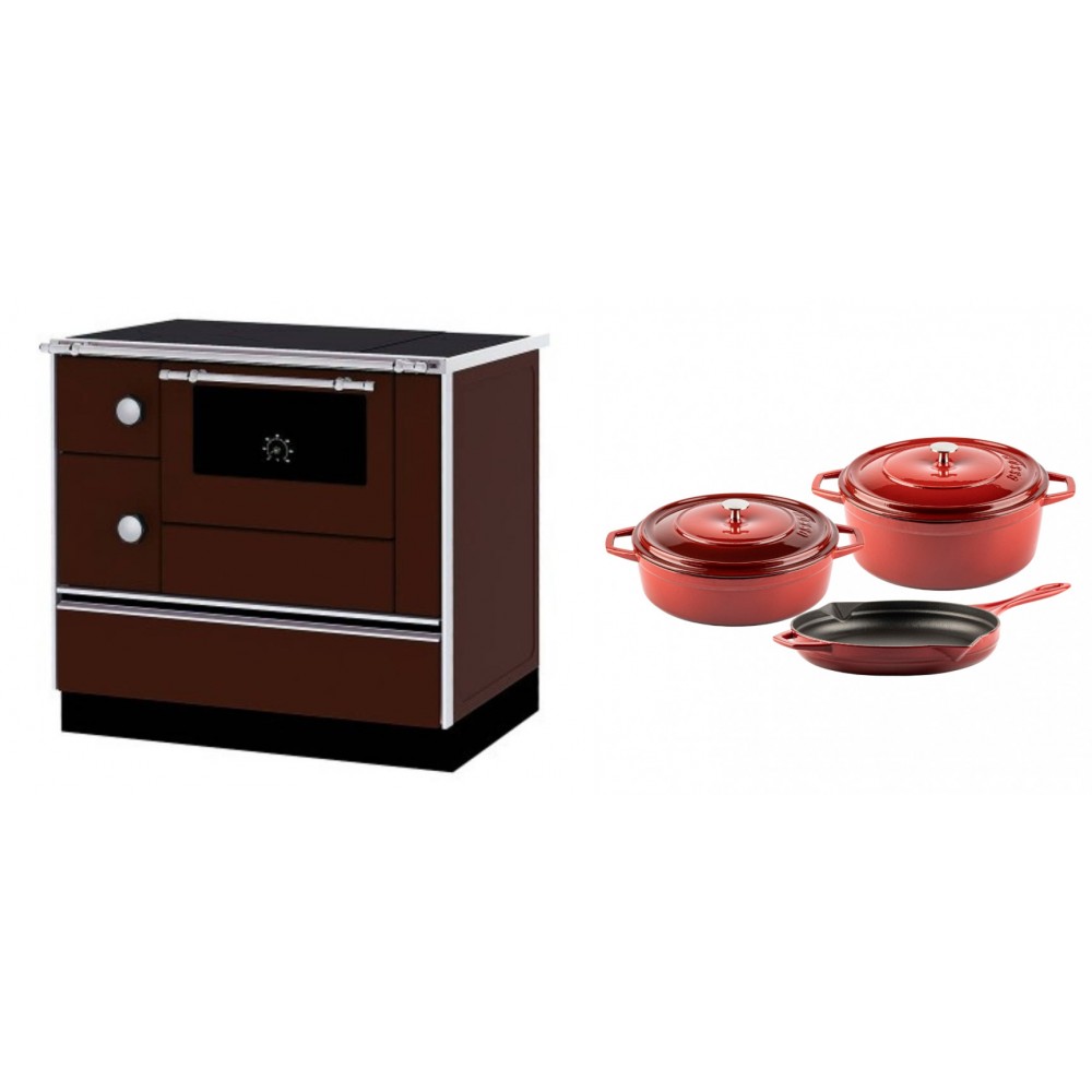 Set Küchenofen / Küchenhexe mit Backofen und Kochplatte Alfa Plam, Modell Alfa 90 H Favorit Braun Rechts, Leistung 6.4kW + Gusseisen Topf Set aus 3 teilen Solagio, Rubin | Kaminofen - Holzofen mit Backfach | Kaminofen |