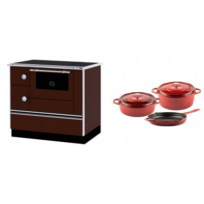 Set Küchenofen / Küchenhexe mit Backofen und Kochplatte Alfa Plam, Modell Alfa 90 H Favorit Braun Rechts, Leistung 6.4kW + Gusseisen Topf Set aus 3 teilen Solagio, Rubin - Kaminofen - Holzofen mit Backfach
