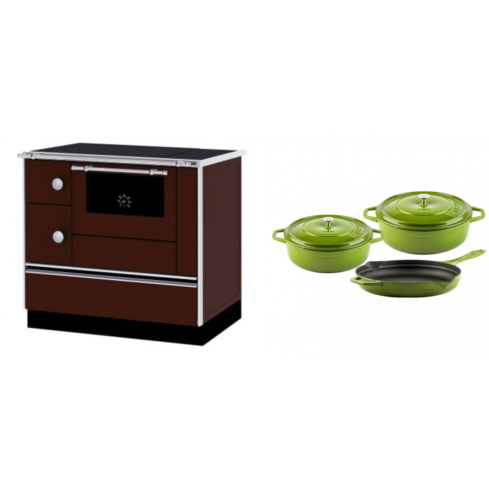 Set Küchenofen / Küchenhexe mit Backofen und Kochplatte Alfa Plam, Modell Alfa 90 H Favorit Braun Rechts, Leistung 6.4kW + Gusseisen Topf Set aus 3 teilen Solagio, Bamboo