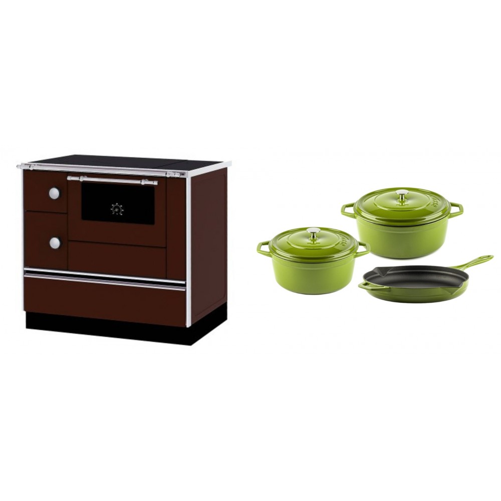Set Küchenofen / Küchenhexe mit Backofen und Kochplatte Alfa Plam, Modell Alfa 90 H Favorit Braun Rechts, Leistung 6.4kW + Gusseisen Topf Set aus 3 teilen Solagio, Bamboo