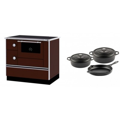 Set Küchenofen / Küchenhexe mit Backofen und Kochplatte Alfa Plam, Modell Alfa 90 H Favorit Braun Rechts, Leistung 6.4kW + Gusseisen Topf Set aus 3 teilen Solagio, Black Onyx - Kaminofen - Holzofen mit Backfach