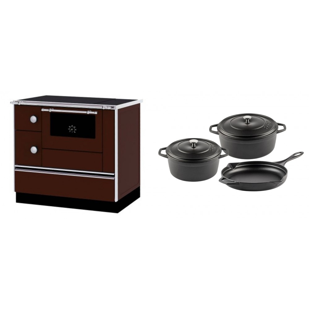 Set Küchenofen / Küchenhexe mit Backofen und Kochplatte Alfa Plam, Modell Alfa 90 H Favorit Braun Rechts, Leistung 6.4kW + Gusseisen Topf Set aus 3 teilen Solagio, Black Onyx | Kaminofen - Holzofen mit Backfach | Kaminofen |