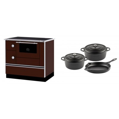 Set Küchenofen / Küchenhexe mit Backofen und Kochplatte Alfa Plam, Modell Alfa 90 H Favorit Braun Rechts, Leistung 6.4kW + Gusseisen Topf Set aus 3 teilen Solagio, Black Onyx - Kaminofen - Holzofen mit Backfach