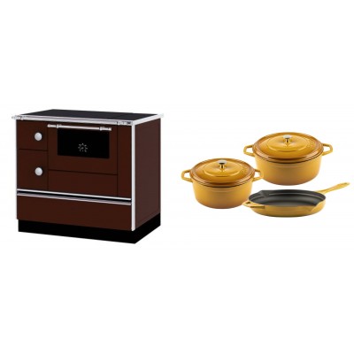 Set Küchenofen / Küchenhexe mit Backofen und Kochplatte Alfa Plam, Modell Alfa 90 H Favorit Braun Rechts, Leistung 6.4kW + Gusseisen Topf Set aus 3 teilen Solagio, Dijon - Kaminofen - Holzofen mit Backfach