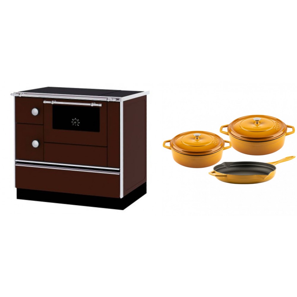 Set Küchenofen / Küchenhexe mit Backofen und Kochplatte Alfa Plam, Modell Alfa 90 H Favorit Braun Rechts, Leistung 6.4kW + Gusseisen Topf Set aus 3 teilen Solagio, Dijon