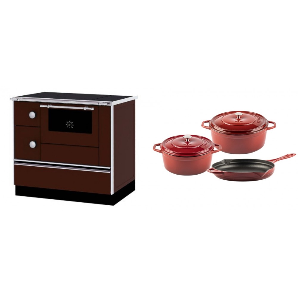 Set Küchenofen / Küchenhexe mit Backofen und Kochplatte Alfa Plam, Modell Alfa 90 H Favorit Braun Rechts, Leistung 6.4kW + Gusseisen Topf Set aus 3 teilen Solagio, Rubin | Kaminofen - Holzofen mit Backfach | Kaminofen |