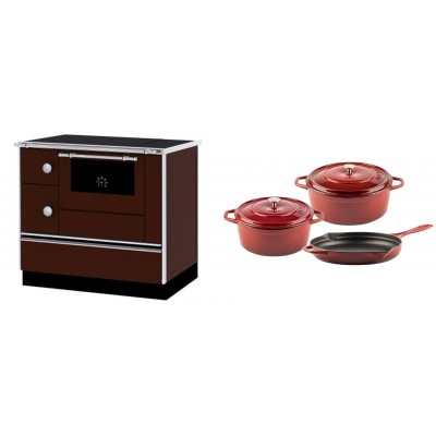 Set Küchenofen / Küchenhexe mit Backofen und Kochplatte Alfa Plam, Modell Alfa 90 H Favorit Braun Rechts, Leistung 6.4kW + Gusseisen Topf Set aus 3 teilen Solagio, Rubin - Kaminofen - Holzofen mit Backfach