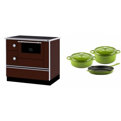 Set Küchenofen / Küchenhexe mit Backofen und Kochplatte Alfa Plam, Modell Alfa 90 H Favorit Braun Rechts, Leistung 6.4kW + Gusseisen Topf Set aus 3 teilen Solagio, Bamboo - Kaminofen - Holzofen mit Backfach