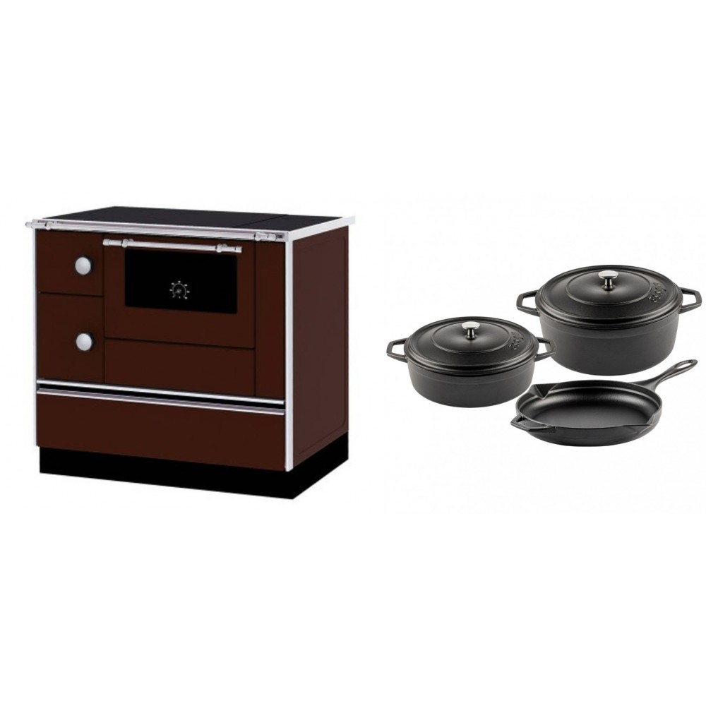 Set Küchenofen / Küchenhexe mit Backofen und Kochplatte Alfa Plam, Modell Alfa 90 H Favorit Braun Rechts, Leistung 6.4kW + Gusseisen Topf Set aus 3 teilen Solagio, Black Onyx | Kaminofen - Holzofen mit Backfach | Kaminofen |