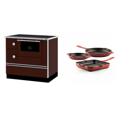 Set Küchenofen / Küchenhexe mit Backofen und Kochplatte Alfa Plam, Modell Alfa 90 H Favorit Braun Rechts, Leistung 6.4kW + Gusseisen Topf Set aus 3 teilen Solagio, Rubin - Kaminofen - Holzofen mit Backfach