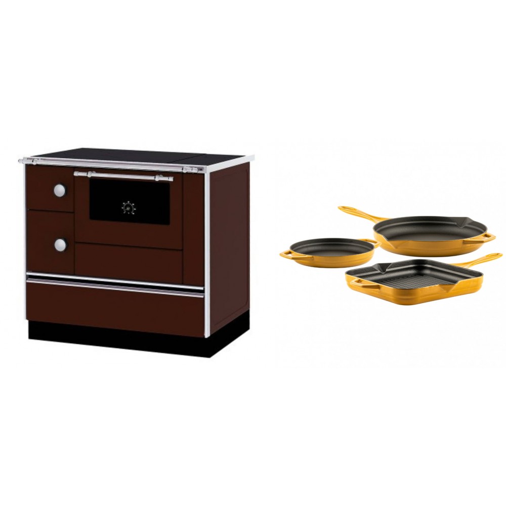 Set Küchenofen / Küchenhexe mit Backofen und Kochplatte Alfa Plam, Modell Alfa 90 H Favorit Braun Rechts, Leistung 6.4kW + Gusseisen Topf Set aus 3 teilen Solagio, Dijon