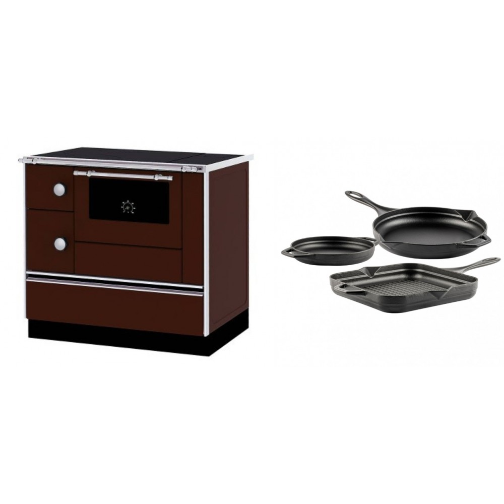 Set Küchenofen / Küchenhexe mit Backofen und Kochplatte Alfa Plam, Modell Alfa 90 H Favorit Braun Rechts, Leistung 6.4kW + Gusseisen Topf Set aus 3 teilen Solagio, Black Onyx