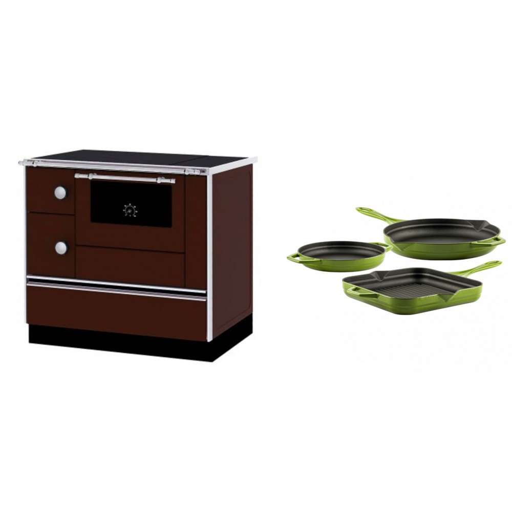 Set Küchenofen / Küchenhexe mit Backofen und Kochplatte Alfa Plam, Modell Alfa 90 H Favorit Braun Rechts, Leistung 6.4kW + Gusseisen Topf Set aus 3 teilen Solagio, Bamboo