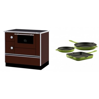 Set Küchenofen / Küchenhexe mit Backofen und Kochplatte Alfa Plam, Modell Alfa 90 H Favorit Braun Rechts, Leistung 6.4kW + Gusseisen Topf Set aus 3 teilen Solagio, Bamboo - Kaminofen - Holzofen mit Backfach