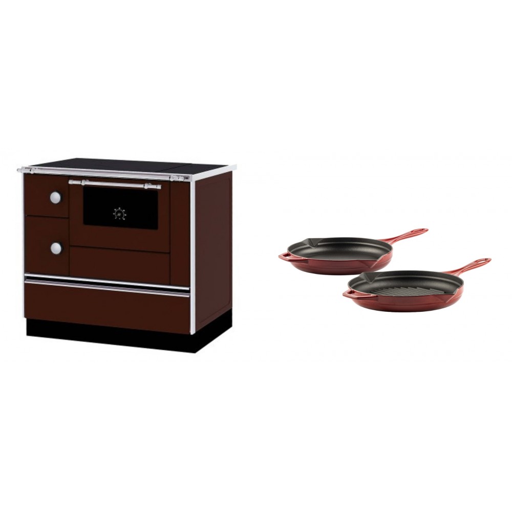 Set Küchenofen / Küchenhexe mit Backofen und Kochplatte Alfa Plam, Modell Alfa 90 H Favorit Braun Rechts, Leistung 6.4kW + Gusseisen Topf Set aus 2 teilen Solagio, Rubin