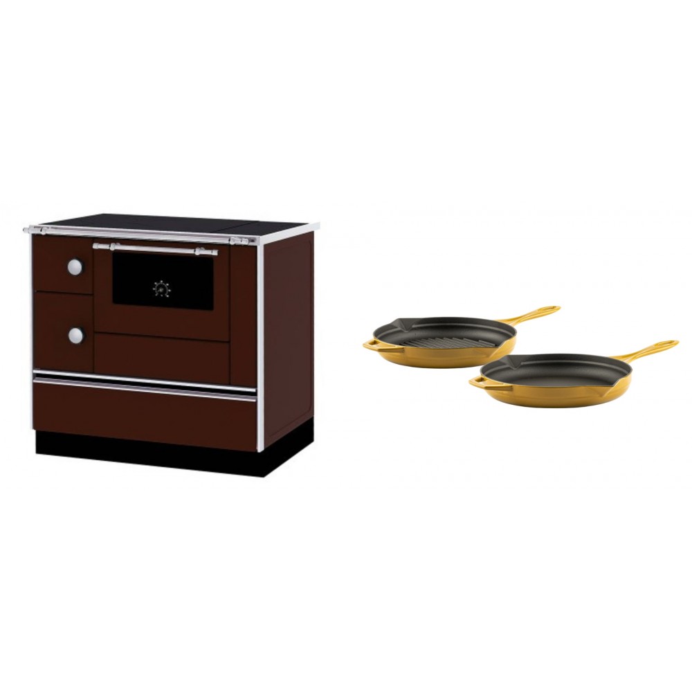 Set Küchenofen / Küchenhexe mit Backofen und Kochplatte Alfa Plam, Modell Alfa 90 H Favorit Braun Rechts, Leistung 6.4kW + Gusseisen Topf Set aus 2 teilen Solagio, Dijon | Kaminofen - Holzofen mit Backfach | Kaminofen |