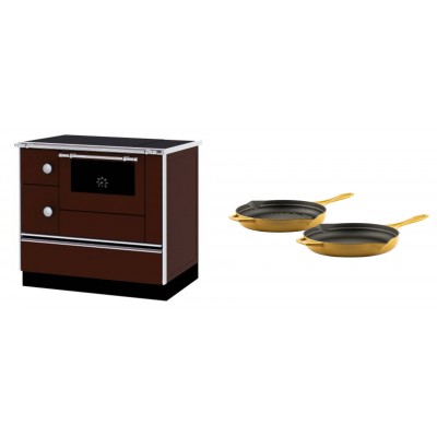 Set Küchenofen / Küchenhexe mit Backofen und Kochplatte Alfa Plam, Modell Alfa 90 H Favorit Braun Rechts, Leistung 6.4kW + Gusseisen Topf Set aus 2 teilen Solagio, Dijon - Kaminofen - Holzofen mit Backfach