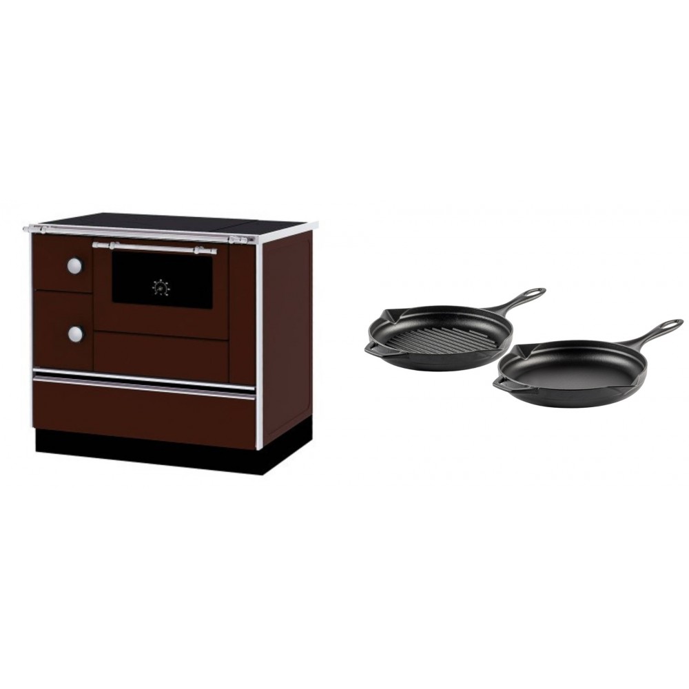 Set Küchenofen / Küchenhexe mit Backofen und Kochplatte Alfa Plam, Modell Alfa 90 H Favorit Braun Rechts, Leistung 6.4kW + Gusseisen Topf Set aus 2 teilen Solagio, Black Onyx | Kaminofen - Holzofen mit Backfach | Kaminofen |
