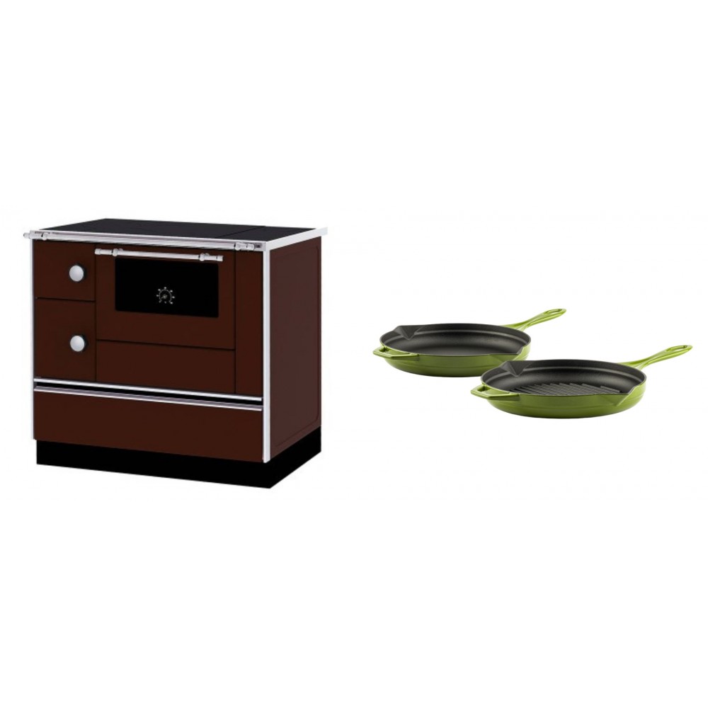 Set Küchenofen / Küchenhexe mit Backofen und Kochplatte Alfa Plam, Modell Alfa 90 H Favorit Braun Rechts, Leistung 6.4kW + Gusseisen Topf Set aus 2 teilen Solagio, Bamboo