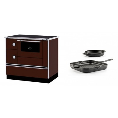 Set Küchenofen / Küchenhexe mit Backofen und Kochplatte Alfa Plam, Modell Alfa 90 H Favorit Braun Rechts, Leistung 6.4kW + Gusseisen Topf Set aus 2 teilen Solagio, Black Onyx - Kaminofen - Holzofen mit Backfach