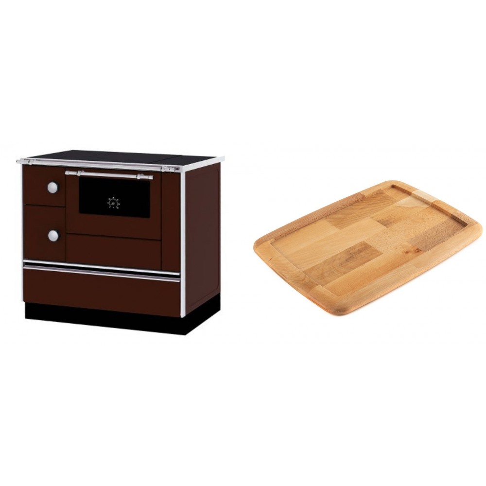 Set Küchenofen / Küchenhexe mit Backofen und Kochplatte Alfa Plam, Modell Alfa 90 H Favorit Braun Rechts, Leistung 6.4kW + Holz untersetzer für gusseisenplatte Solagio HSST2131