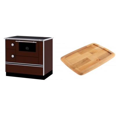Set Küchenofen / Küchenhexe mit Backofen und Kochplatte Alfa Plam, Modell Alfa 90 H Favorit Braun Rechts, Leistung 6.4kW + Holz untersetzer für gusseisenplatte Solagio HSST2131 - Kaminofen - Holzofen mit Backfach