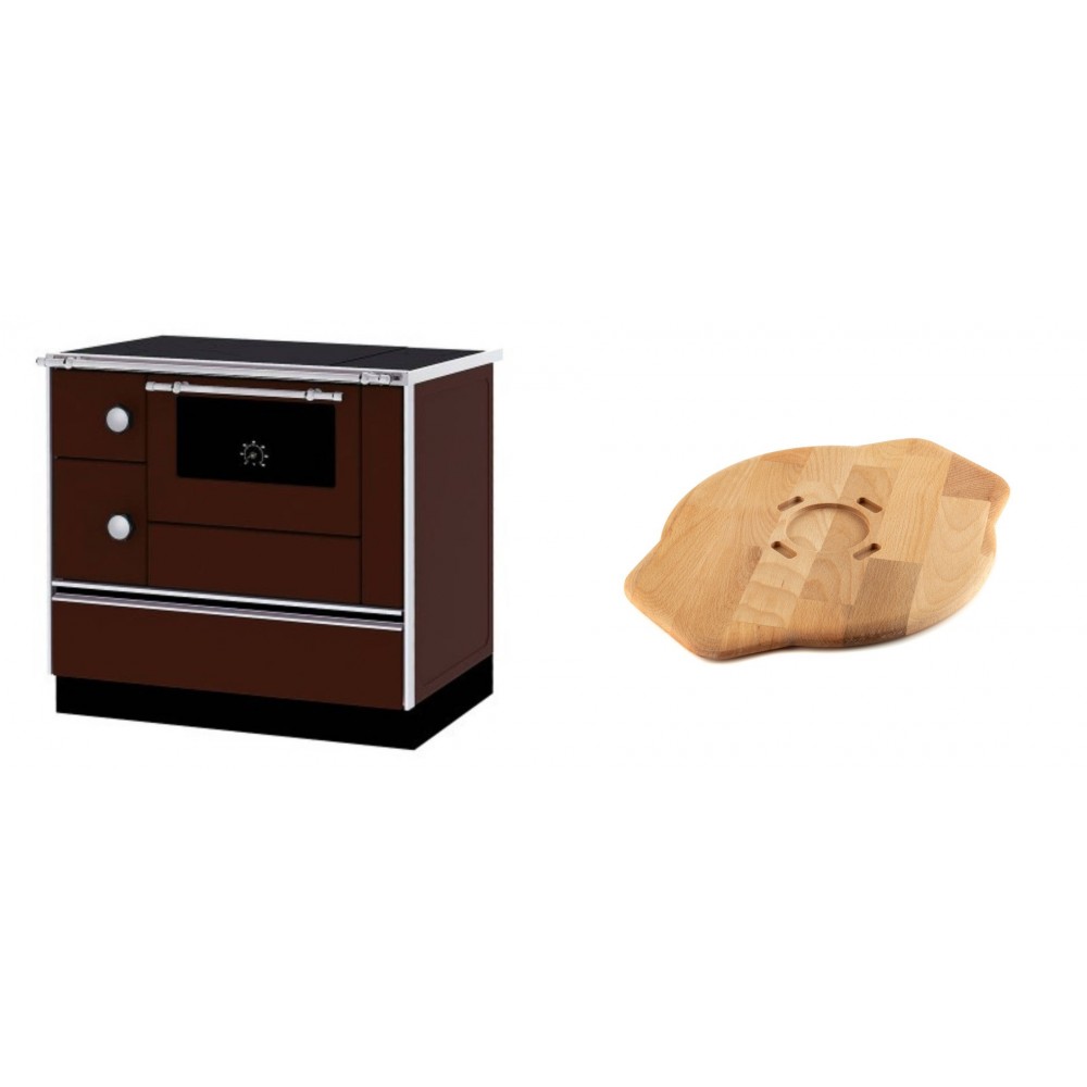 Set Küchenofen / Küchenhexe mit Backofen und Kochplatte Alfa Plam, Modell Alfa 90 H Favorit Braun Rechts, Leistung 6.4kW + Holz untersetzer für Gusseisenplatte Solagio HSYSAK28 | Kaminofen - Holzofen mit Backfach | Kaminofen |