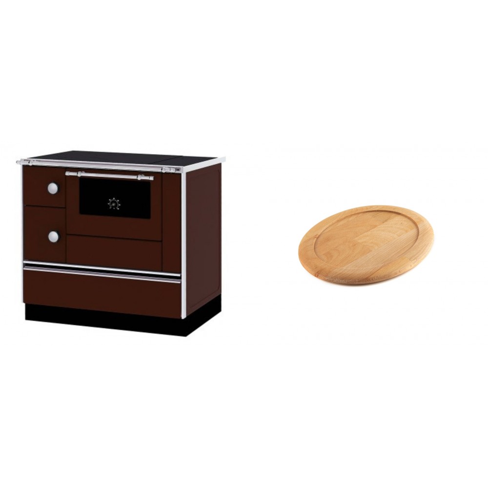 Set Küchenofen / Küchenhexe mit Backofen und Kochplatte Alfa Plam, Modell Alfa 90 H Favorit Braun Rechts, Leistung 6.4kW + Holz untersetzer für ovale gusseisenpfanne Solagio HSFT1825 | Kaminofen - Holzofen mit Backfach | Kaminofen |