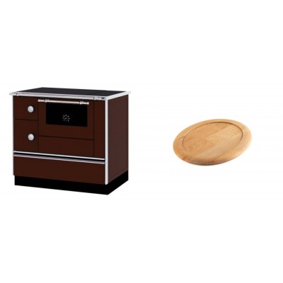 Set Küchenofen / Küchenhexe mit Backofen und Kochplatte Alfa Plam, Modell Alfa 90 H Favorit Braun Rechts, Leistung 6.4kW + Holz untersetzer für ovale gusseisenpfanne Solagio HSFT1825 - Kaminofen - Holzofen mit Backfach