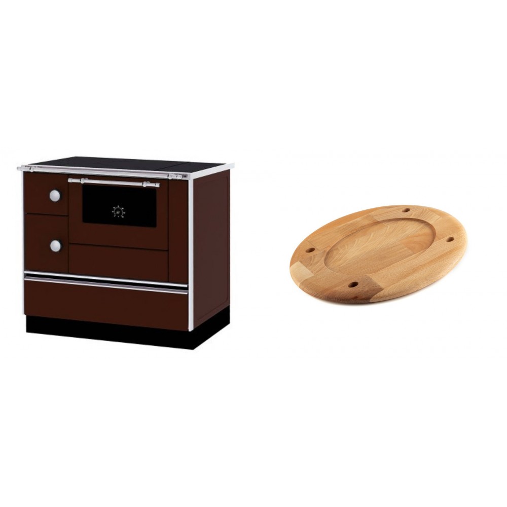 Set Küchenofen / Küchenhexe mit Backofen und Kochplatte Alfa Plam, Modell Alfa 90 H Favorit Braun Rechts, Leistung 6.4kW + Holz untersetzer für ovale platte Solagio HSOISK2533, 25x33cm | Kaminofen - Holzofen mit Backfach | Kaminofen |