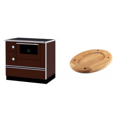 Set Küchenofen / Küchenhexe mit Backofen und Kochplatte Alfa Plam, Modell Alfa 90 H Favorit Braun Rechts, Leistung 6.4kW + Holz untersetzer für ovale platte Solagio HSOISK2533, 25x33cm - Kaminofen - Holzofen mit Backfach