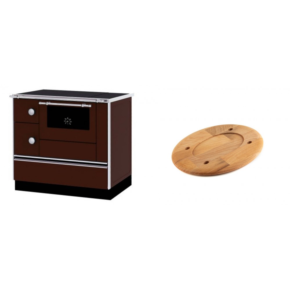 Set Küchenofen / Küchenhexe mit Backofen und Kochplatte Alfa Plam, Modell Alfa 90 H Favorit Braun Rechts, Leistung 6.4kW + Holz untersetzer für ovale platte Solagio HSOISK1728, 17x28cm
