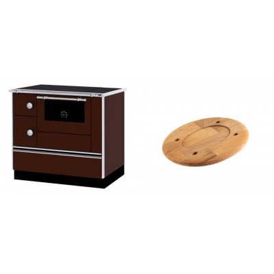 Set Küchenofen / Küchenhexe mit Backofen und Kochplatte Alfa Plam, Modell Alfa 90 H Favorit Braun Rechts, Leistung 6.4kW + Holz untersetzer für ovale platte Solagio HSOISK1728, 17x28cm - Kaminofen - Holzofen mit Backfach