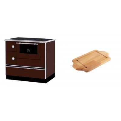Set Küchenofen / Küchenhexe mit Backofen und Kochplatte Alfa Plam, Modell Alfa 90 H Favorit Braun Rechts, Leistung 6.4kW + Holz untersetzer für mini-gusseisenplatte Solagio HSDDHP1522 - Kaminofen - Holzofen mit Backfach