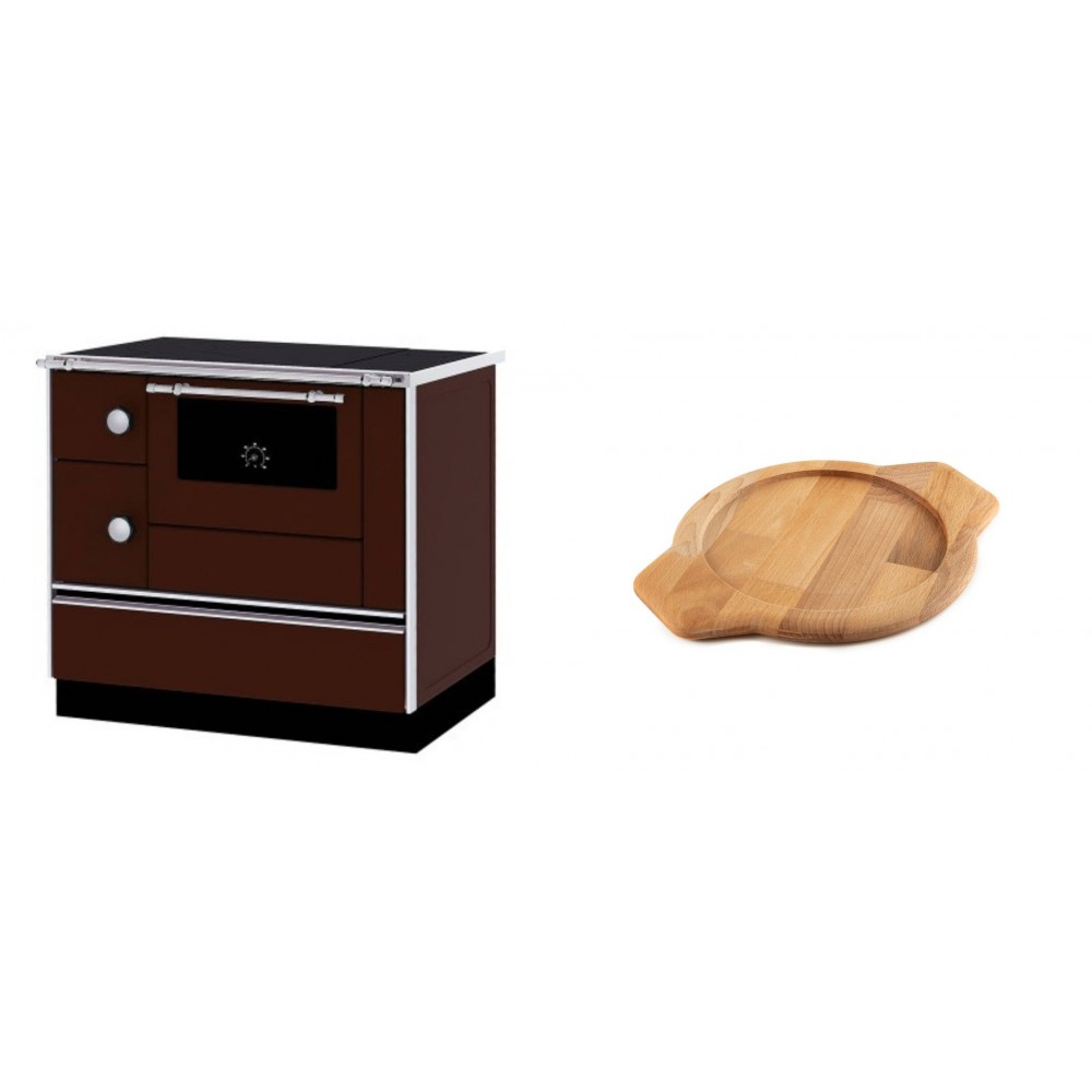 Set Küchenofen / Küchenhexe mit Backofen und Kochplatte Alfa Plam, Modell Alfa 90 H Favorit Braun Rechts, Leistung 6.4kW + Holz untersetzer für gusseisenschüssel Solagio HSYKTV22 | Kaminofen - Holzofen mit Backfach | Kaminofen |