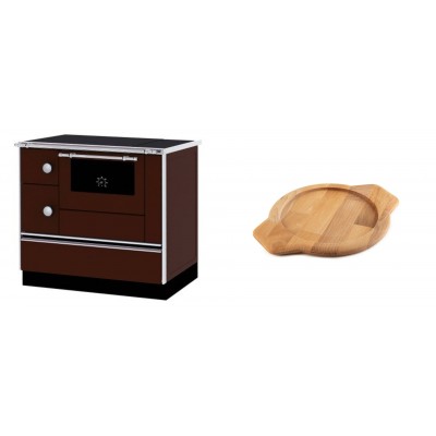 Set Küchenofen / Küchenhexe mit Backofen und Kochplatte Alfa Plam, Modell Alfa 90 H Favorit Braun Rechts, Leistung 6.4kW + Holz untersetzer für gusseisenschüssel Solagio HSYKTV22 - Kaminofen - Holzofen mit Backfach