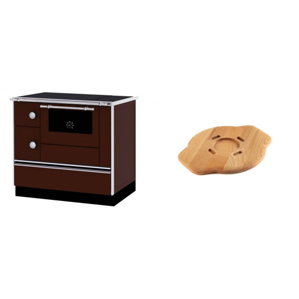 Set Küchenofen / Küchenhexe mit Backofen und Kochplatte Alfa Plam, Modell Alfa 90 H Favorit Braun Rechts, Leistung 6.4kW + Holz untersetzer für gusseisenplatte Solagio HSYSAK20