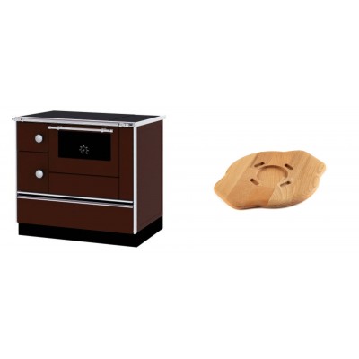 Set Küchenofen / Küchenhexe mit Backofen und Kochplatte Alfa Plam, Modell Alfa 90 H Favorit Braun Rechts, Leistung 6.4kW + Holz untersetzer für gusseisenplatte Solagio HSYSAK20 - Kaminofen - Holzofen mit Backfach