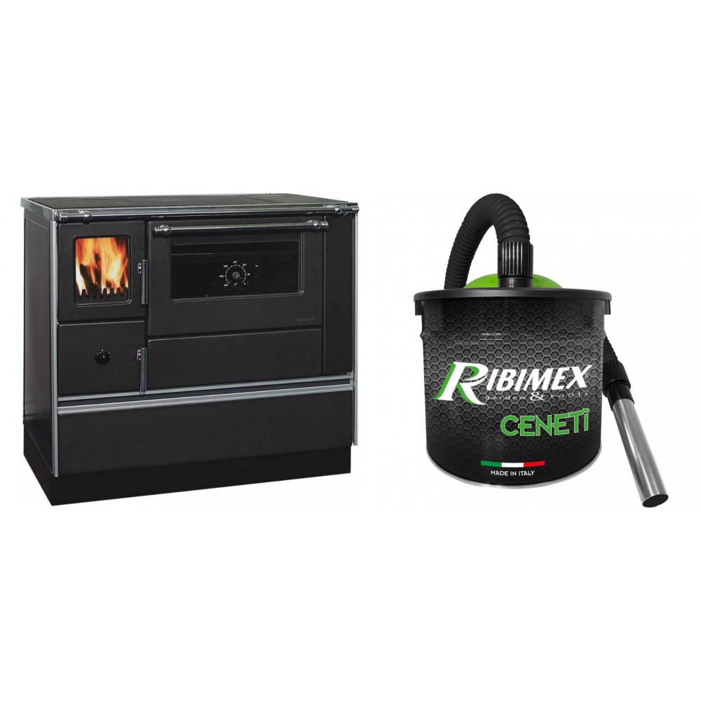 Set Küchenofen / Küchenhexe mit Backofen und Kochplatte Alfa Plam, Modell Dominant 90H, Leistung 6.5kW + Elektrischer Aschesauger Ribimex, Modell Cenetì, Fassungsvermögen 15 L | Kaminofen - Holzofen mit Backfach | Kaminofen |