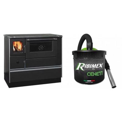 Set Küchenofen / Küchenhexe mit Backofen und Kochplatte Alfa Plam, Modell Dominant 90H, Leistung 6.5kW + Elektrischer Aschesauger Ribimex, Modell Cenetì, Fassungsvermögen 15 L - Kaminofen - Holzofen mit Backfach