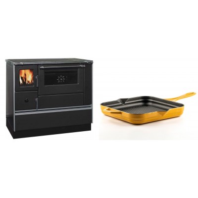Set Küchenofen / Küchenhexe mit Backofen und Kochplatte Alfa Plam, Modell Dominant 90H, Leistung 6.5kW + Emaillierte grillpfanne Gusseisen Solagio, Dijon, 28х28cm - Kaminofen - Holzofen mit Backfach