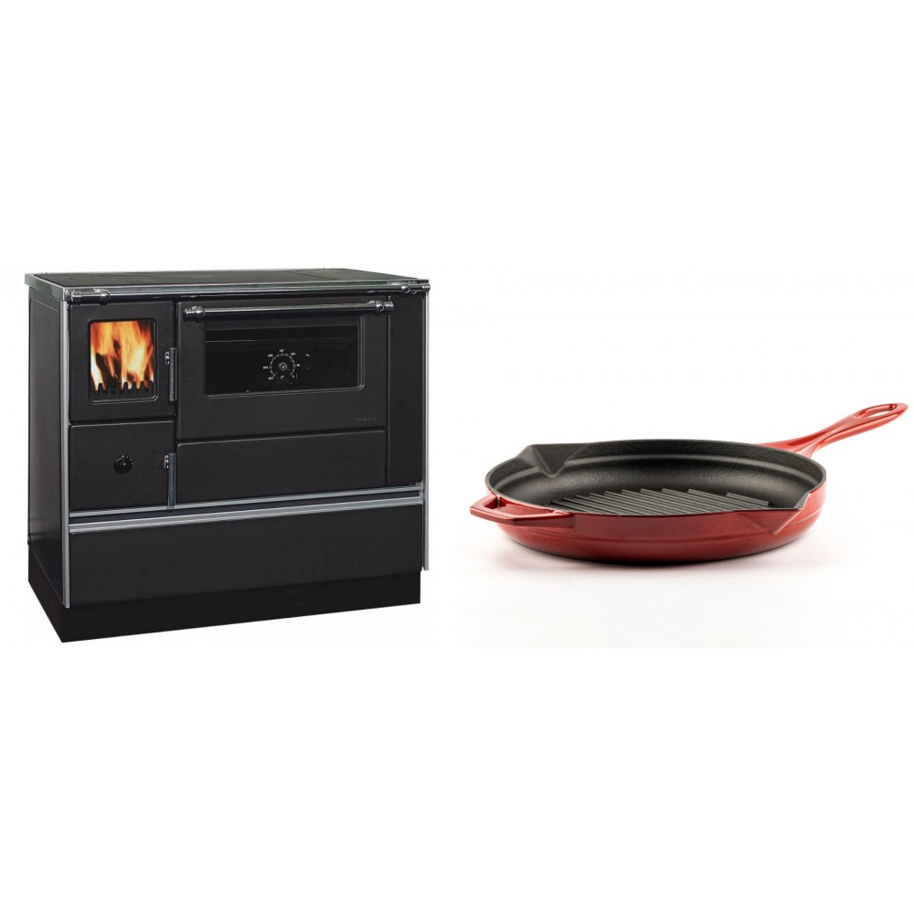 Set Küchenofen / Küchenhexe mit Backofen und Kochplatte Alfa Plam, Modell Dominant 90H, Leistung 6.5kW + Emaillierte grillpfanne Gusseisen Solagio, Rubin, Ф28cm