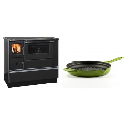 Set Küchenofen / Küchenhexe mit Backofen und Kochplatte Alfa Plam, Modell Dominant 90H, Leistung 6.5kW + Emaillierte grillpfanne Gusseisen Solagio, Bamboo, Ф28cm - Kaminofen - Holzofen mit Backfach